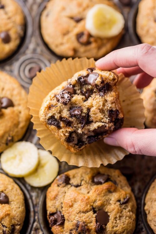 Banana chocolate chip muffins in a baking pan with a bite taken out.